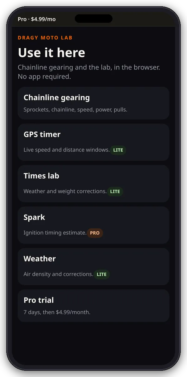 Chainline app hub on a phone listing Chainline gearing, GPS timer, Times lab, Spark, Weather and the Pro trial, with LITE and PRO badges