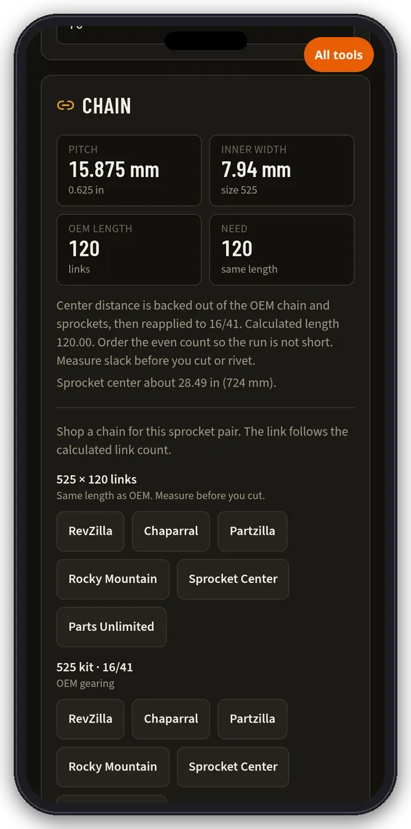 Chainline chain section on a phone: chain pitch, inner width, OEM and needed link count and retailer search links