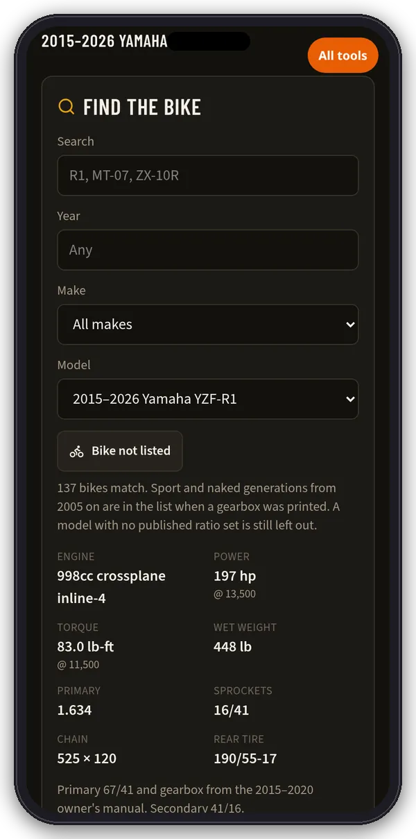 Chainline gearing bench on a phone: Find the bike by search, year, make and model, with the selected bike's published specs