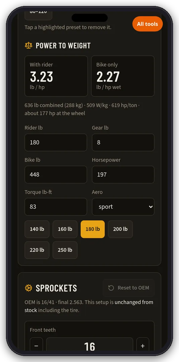 Chainline power-to-weight section on a phone: lb per hp with and without rider, rider, gear and bike weight inputs