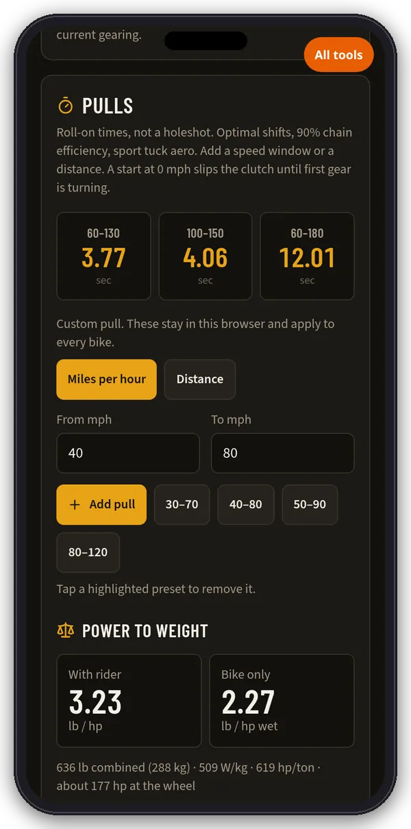 Chainline roll-on pulls on a phone: estimated 60-130, 100-150 and 60-180 mph times plus custom pull controls