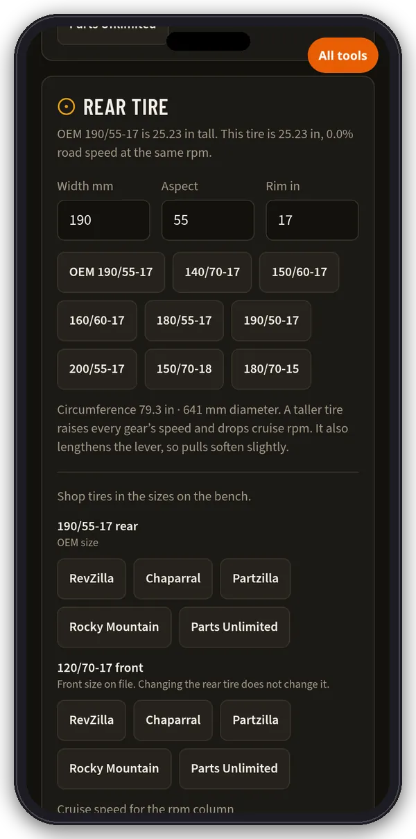 Chainline rear tire section on a phone: tire size inputs, common sizes and the change in road speed