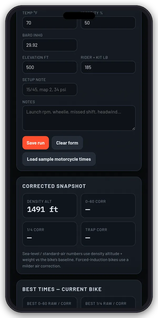 Times lab on a phone: log a run form and corrected snapshot with density altitude