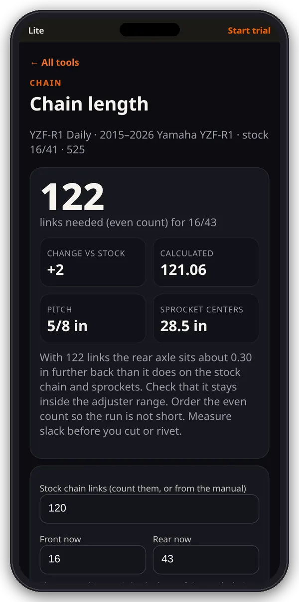 Chainline Chain length on a phone: 122 links needed for 16/43, change versus stock, pitch and sprocket center distance