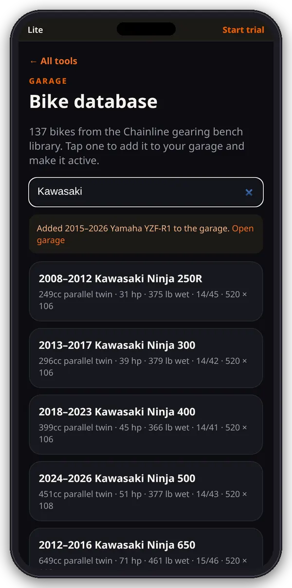 Chainline Bike database on a phone filtered to Kawasaki models, each with engine, horsepower, wet weight, stock sprockets and chain