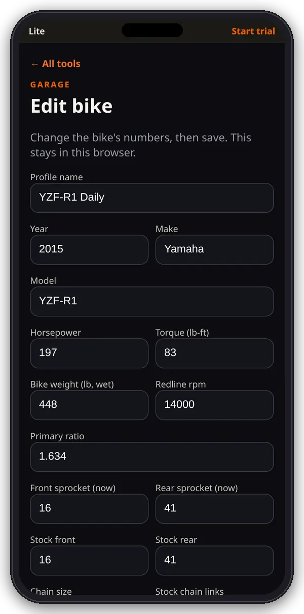 Chainline Edit bike screen on a phone: profile name, year, make, model, horsepower, torque, weight, redline and sprocket fields