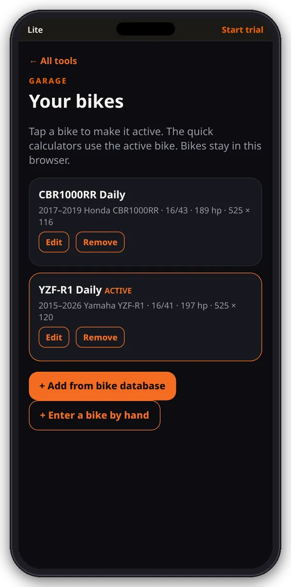 Chainline Garage on a phone: two saved bikes, a CBR1000RR and the active YZF-R1, with Edit and Remove buttons and Add from bike database