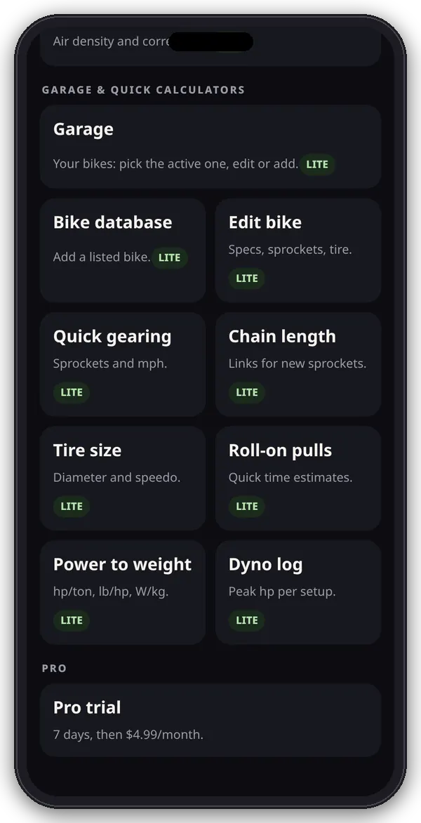 Chainline app hub on a phone showing the Garage and quick calculators group with LITE badges