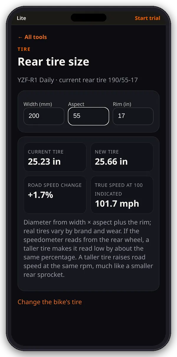 Chainline Tire size on a phone: current and new rear tire diameter, road speed change and true speed at 100 indicated