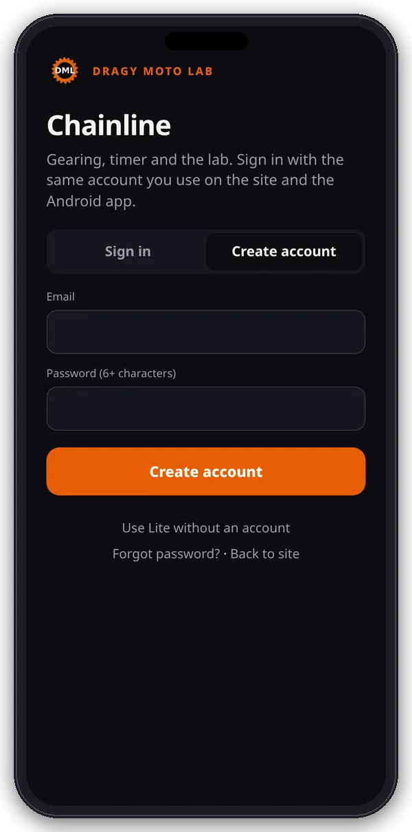 The /app/ page on a phone in full-screen app view, showing the Create account form