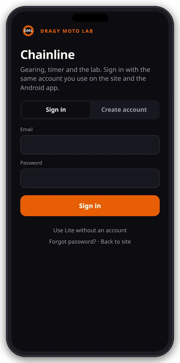 The /app/ page on a phone in full-screen app view, showing the Sign in form
