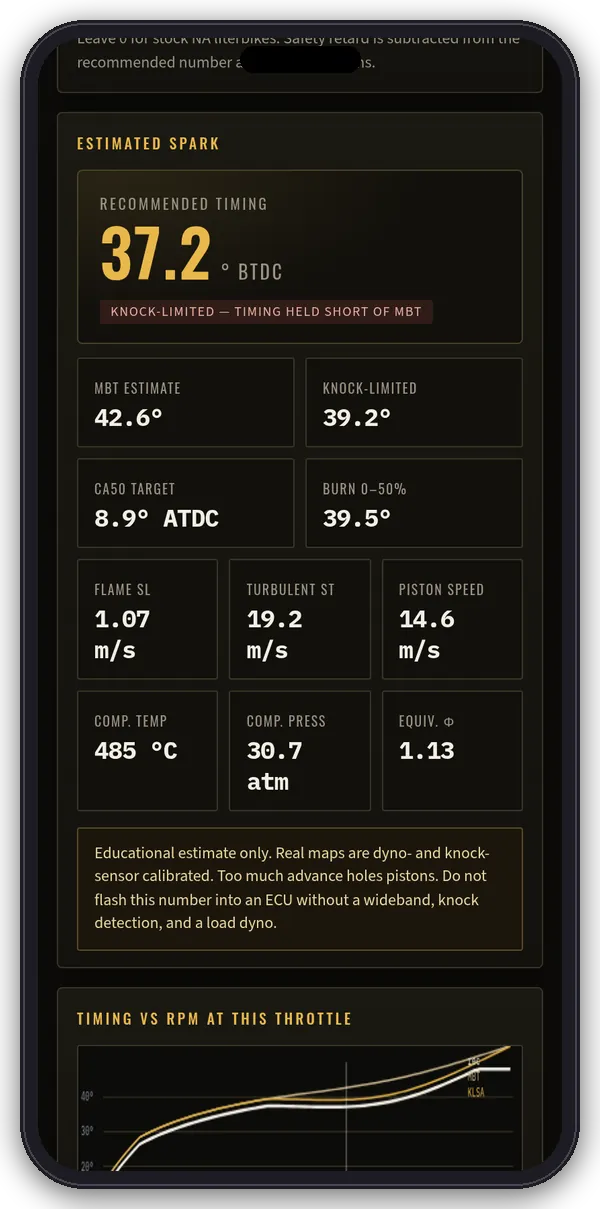 Spark ignition estimator on a phone: recommended timing in degrees BTDC, MBT and knock-limited estimates