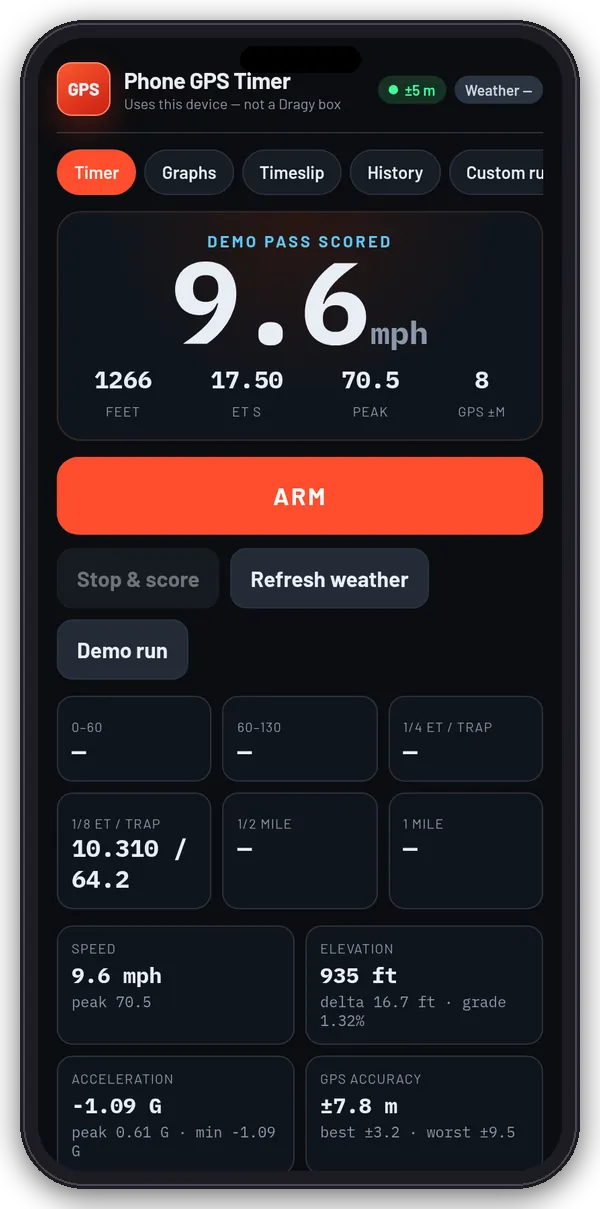 Phone GPS timer after a demo pass, showing speed, ET, peak speed and the Arm button