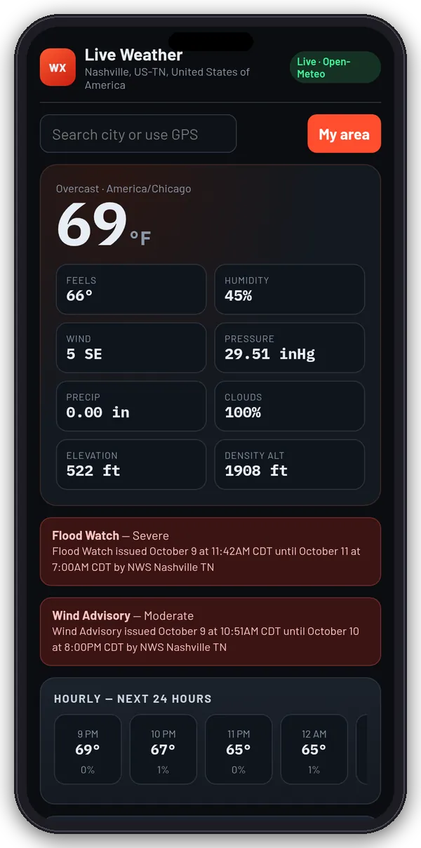 Live weather in the app on a phone: temperature, humidity, wind, pressure and density altitude