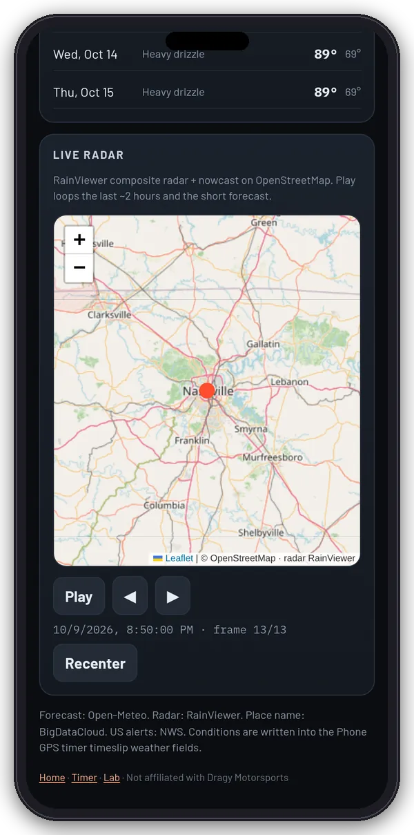 Live radar map in the app's weather tool on a phone, with play and step controls